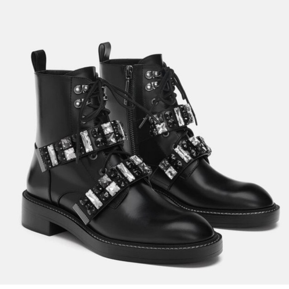 Zara Jeweled Black Lace Up Combat Boots - Picture 2 of 8